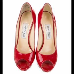 Jimmy Choo Red Patent Leather Luna Peep Toe Sz40